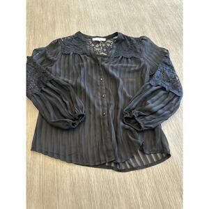 Black Lace Sheer Blouse Women M Boho Whimsy Goth Dark Fairy Romantic Long Sleeve